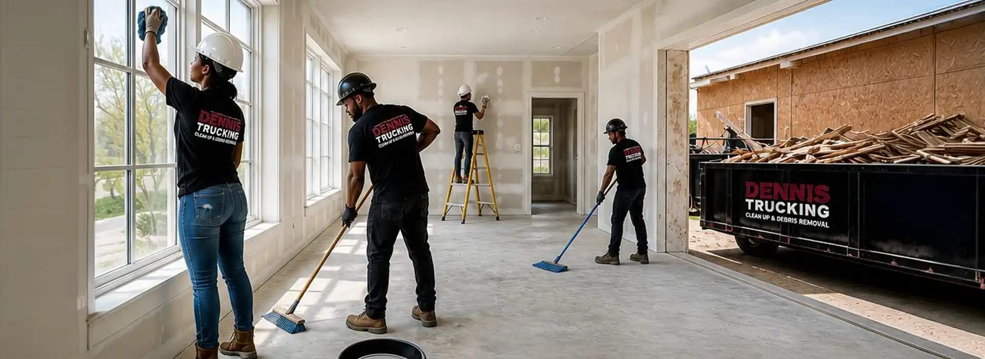 Cleanup crew inside new construction building